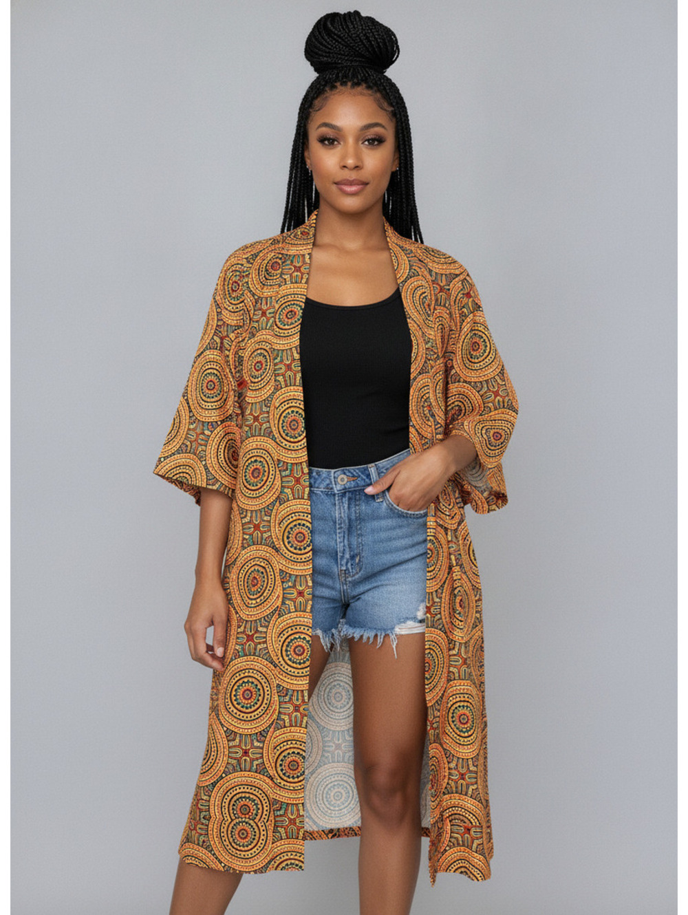 Kahindo XL Orange and Black Patterned Kimono Jacket